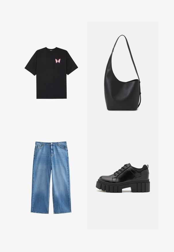 Svart bomullströja med korta ärmar, med en liten rosa fjärilsgrafik på vänster bröst. Rundad halsdesign med en avslappnad passform.; Ljust blå vida denimjeans med hög midja, fem fickor och fransade nederkanter. Tillverkade av bomullsmaterial med lätt urtvättning och slitna detaljer.; Svarta läderplattformsskor med en kraftig blockklack, rund tå och traditionell snörningsdesign. Har en slät textur och minimal detaljering.; Svart läder hobo-väska med en slät textur, kurvig form och en justerbar axelrem; har en bred öppning upptill.