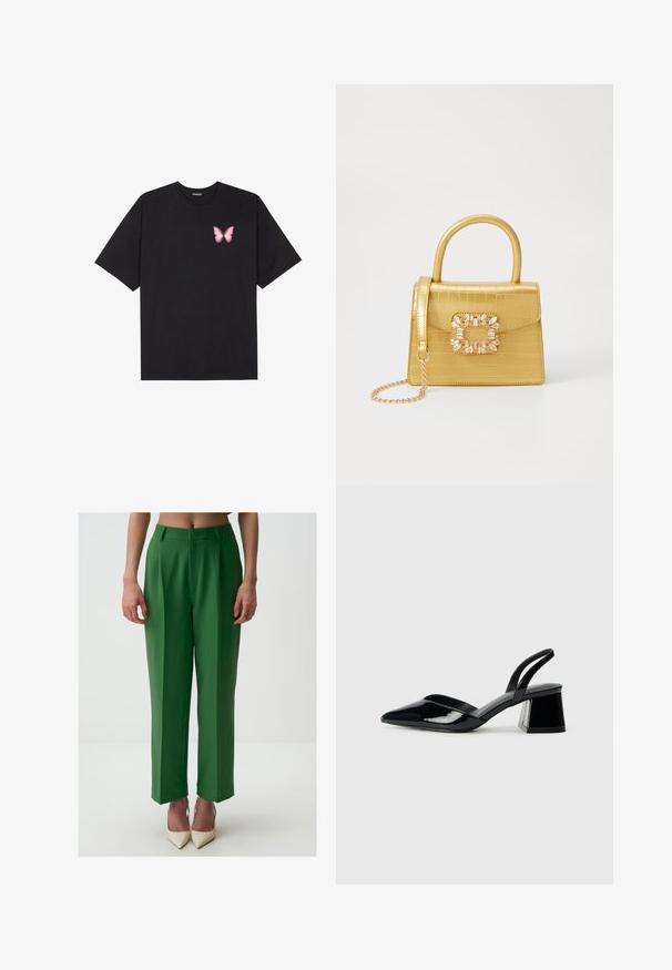 Czarny bawełniany t-shirt z krótkim rękawem, z małym różowym motylkiem na lewej piersi. Klasyczny dekolt z luźnym fasonem.; Zielone dopasowane spodnie z wysokim stanem, szerokimi nogawkami i plisami z przodu. Materiał ma gładką teksturę, co podkreślają białe, spiczaste obcasy.; Czarne lakierowane półbuty na obcasie z wydłużonym noskiem i geometrycznym słupkiem. Charakteryzują się eleganckim, minimalistycznym designem oraz gładką fakturą.; Żółta torebka z faux-krokodylka o wyrafinowanej konstrukcji, z górnym uchwytem, odpinanym łańcuszkiem oraz dekoracyjnym kryształowym zdobieniem na zapięciu.
