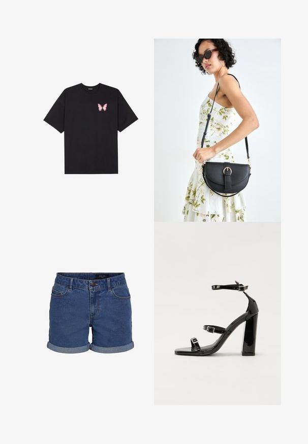 Camiseta de algodón negra de manga corta, con un pequeño gráfico de mariposa rosa en el lado izquierdo del pecho. Diseño de cuello redondo con un corte relajado.; Shorts de denim en azul oscuro con un corte clásico. Presenta dobladillos enrollados, dos bolsillos frontales y un cierre de botón. Textura suave.; Sandalias negras de charol con tacón alto, dos correas con hebilla, punta cuadrada y tacón grueso, con una textura lisa y brillante.; Bolso de piel negra con forma curva, correa desmontable y herrajes dorados. El bolso cuenta con una solapa con un detalle de hebilla.