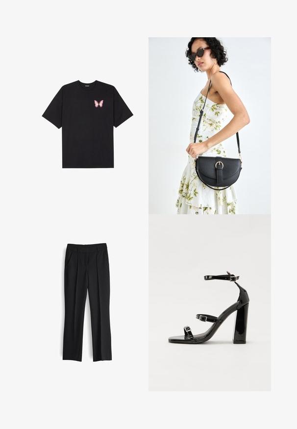 T-shirt nera in cotone con maniche corte, caratterizzata da una piccola grafica di una farfalla rosa sul lato sinistro del petto. Design a girocollo con una vestibilità rilassata.; Pantaloni neri su misura con un design a gamba dritta, pieghe frontali, tasche laterali e una trama di tessuto liscia. Nessuna ferramenta o decorazione visibile.; Sandali con tacco in vernice nera, con punta squadrata, cinturini alla caviglia e fibbie in argento. Presentano un tacco a blocco spesso per maggiore stabilità.; Borsa a tracolla nera in pelle con una forma curva, manico rimovibile e accessori dorati. La borsa presenta una patta con un dettaglio a fibbia.