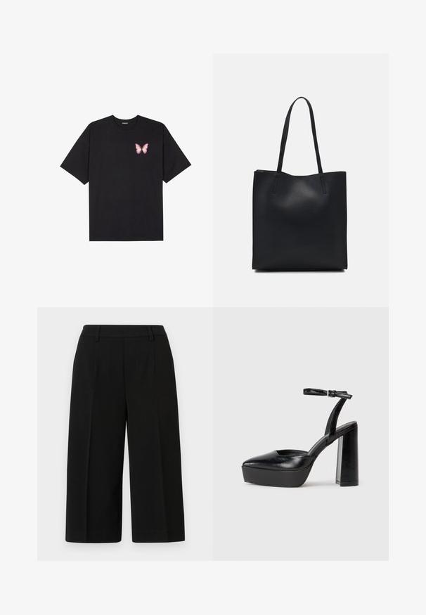 Juodas medvilnės marškinėliai trumpomis rankovėmis, su maža rožine drugelio grafika kairėje krūtinės pusėje. Apvalus kaklo iškirpimas, laisvas kirpimas.; Juodos, plačios kelnes su pritaikyta konstrukcija, pasižyminčios lygiu paviršiumi, priekinėmis klostėmis ir standartiniu juosmeniu.; Juodi platforminiai aukšti kulniukai su smailiu kojų pirštu ir reguliuojamu kulkšnies dirželiu. Pagaminti iš lygaus odos, turi masyvų blokinį kulną.; Juodas odinis tote krepšys su lygia tekstūra, stačiakampio formos ir dviem ilgais rankenomis. Matomų metalinių detalių ar puošybos nėra.