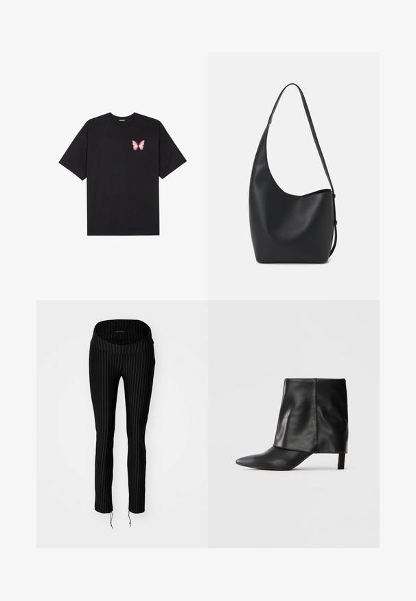 Black cotton t-shirt with short sleeves, featuring a small pink butterfly graphic on the left chest. Crew neck design with a relaxed fit.; Black pinstriped pants with a wide, folded waistband and drawstring hems. Made from a stretchy material, offering a fitted silhouette.; Black leather mid-calf boot with pointed toe, folded upper shaft, and slender low heel standing on white background.; Black leather hobo bag with a smooth texture, curved shape, and single adjustable strap; features a wide opening at the top.