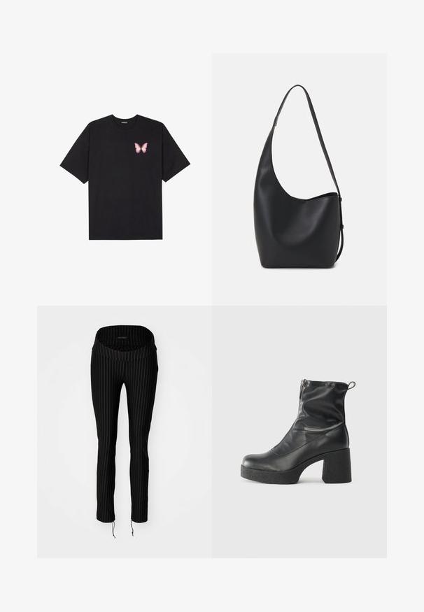Tricou negru din bumbac cu mâneci scurte, având pe partea stângă a pieptului un mic grafic cu un fluture roz. Design cu guler rotund și croială lejeră.; Pantaloni negri cu dungi fine, cu un talie largă, pliată și tivuri cu șnur. Făcuți dintr-un material elastic, oferind un siluetă ajustată.; Bocanci negri de glezna din piele netedă, cu fermoar lateral, toc texturat și masiv, și design cu vârf rotund.; Geantă hobo din piele neagră, cu o textură netedă, formă curbată și un singur bretele ajustabil; are o deschidere largă în partea de sus.