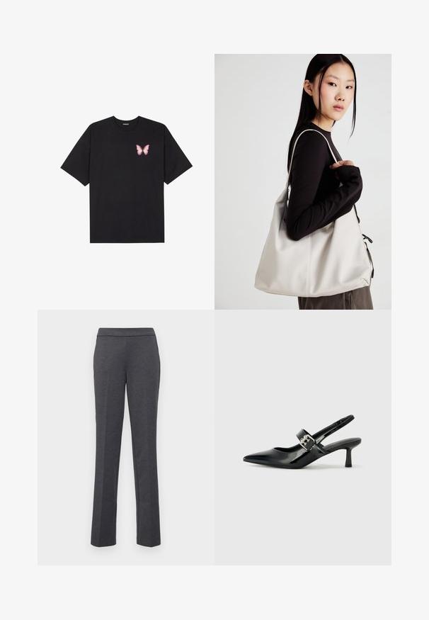 Zwarte katoenen t-shirt met korte mouwen, voorzien van een kleine roze vlinder graphic op de linkerkant van de borst. Crew neck ontwerp met een relaxte fit.; Grijze broek met een rechte pijp, een soepele textuur en een brede tailleband. Heeft zijzakken voor praktisch gebruik.; Zwarte gepatineerde leren slingback hakken met een puntige neus en een kleine blokhak, met een zilveren gespaccent op de band.; Beige handtas gemaakt van zacht materiaal, met een slonzig ontwerp, gestikte details en twee schouderbanden. Geschikt voor dagelijks gebruik.; Zilveren dubbele ring met een gladde, gepolijste oppervlakte. Heeft een vloeiende, gebogen vorm met overlappende secties voor een moderne uitstraling.