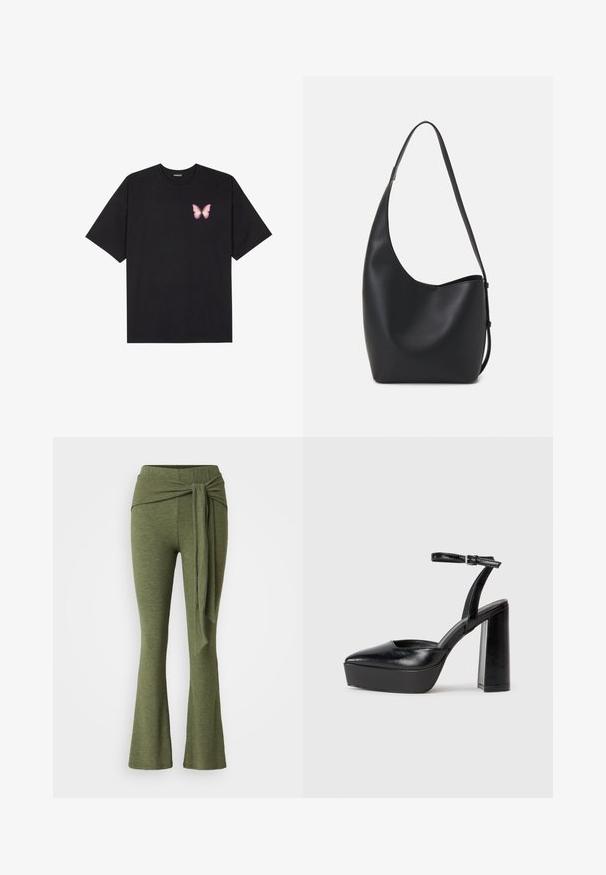 Schwarzes Baumwoll-T-Shirt mit kurzen Ärmeln, das ein kleines pinkes Schmetterlingsmotiv auf der linken Brust zeigt. Crewneck-Design mit einem entspannten Schnitt.; Olivengrüne Hose aus einem weichen Stoff mit einem ausgestellten Bein-Design. Verfügt über ein markantes Knoten-Detail an der hohen Taille.; Schwarze Plateau-High Heels mit spitzem Zeh und verstellbarem Knöchelriemen. Gefertigt aus glattem Leder und mit einem klobigen Blockabsatz.; Schwarze Leder-Hobo-Tasche mit einer glatten Textur, geschwungener Form und einem einzelnen verstellbaren Tragegurt; verfügt über eine weite Öffnung am oberen Ende.