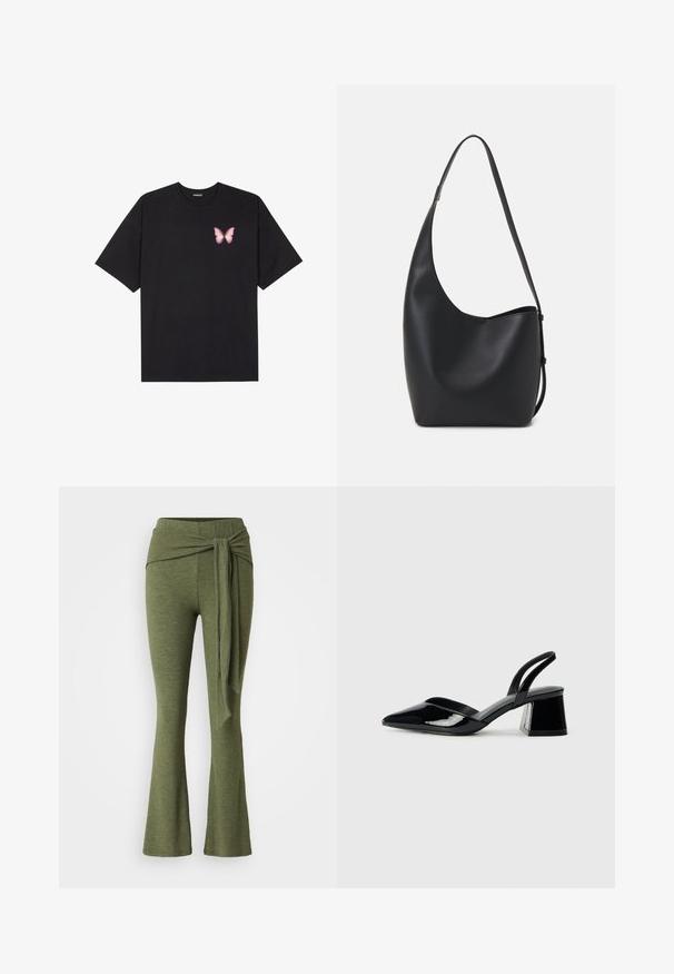 Black cotton t-shirt with short sleeves, featuring a small pink butterfly graphic on the left chest. Crew neck design with a relaxed fit.; Olive green trousers in a soft fabric with a flared leg design. Features a distinctive knot detail at the high waist.; Black patent leather slingback heels with a pointed toe and a geometric block heel. Features a sleek, minimal design and smooth texture.; Black leather hobo bag with a smooth texture, curved shape, and single adjustable strap; features a wide opening at the top.