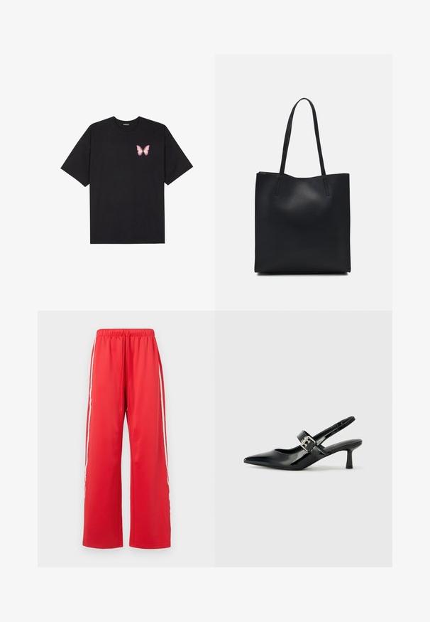 Black cotton t-shirt with short sleeves, featuring a small pink butterfly graphic on the left chest. Crew neck design with a relaxed fit.; Red athletic pants with a wide leg, elastic waistband, and drawstring. Features white side stripes and a smooth, lightweight material.; Black patent leather slingback heels with a pointed toe and a small block heel, featuring a silver buckle accent on the strap.; Black leather tote bag with smooth texture, rectangular shape, and two long handles. No visible hardware or embellishments.