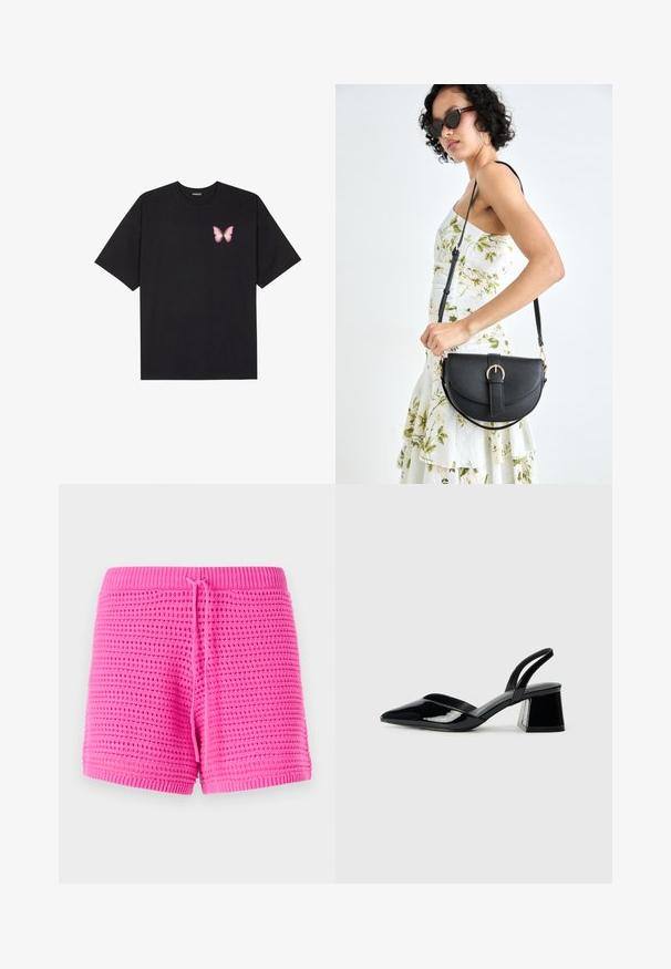 Svart bomulls T-skjorte med korte ermer, med en liten rosa sommerfugl grafikk på venstre bryst. Crew-neck design med en avslappet passform.; Rosa strikkede shorts med et teksturert mønster, elastisk linning med justerbar snor, og en mid-thigh lengde.; Svarte patentlær slingback hæler med spiss tå og geometrisk blokk hæl. Har et stilrent, minimalistisk design og jevn tekstur.; Svart lærveske med en buet form, avtagbar stropp og gullbeslag. Vesken har et klaff med spenne-detall.