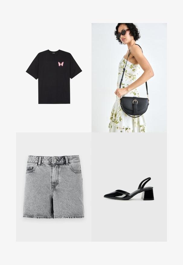 Črna bombažna majica s kratkimi rokavi, ki ima majhen roza metuljček na levi strani prsnega dela. Majica s krožnim ovratnikom in sproščenim krojem.; Kratke hlače iz črnega in sivega džinsa z visokim pasom, petimi žepi in raztrganimi robovi. Imajo zbledel videz in kovinsko zaponko.; Črne lakirane slingback pete s koničastim nosom in geometrijsko blokasto peto. Imajo eleganten, minimalističen dizajn in gladko teksturo.; Črna usnjena torbica s ukrivljeno obliko, z odstranljivo naramnico in zlatimi dodatki. Torbica ima pokrov s podrobnostmi v obliki zaponke.