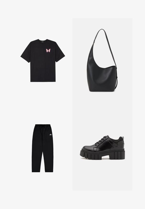 Čierne bavlnené tričko s krátkymi rukávmi, s malým ružovým motýlikom na ľavej hrudi. Design s okrúhlym výstrihom a uvoľneným strihom.; Čierne tepláky vyrobené z mäkkej látky s elastickým pásom, šnúrkou a bočnými vreckami. Obsahujú malé bílé logo na stehne.; Čierne kožené platformy s masívnym blokovým podpätkom, okrúhlou špičkou a tradičným šnurovaním. Má hladký povrch a minimálne detaily.; Čierna kožená hobo taška so hladkou textúrou, zakriveným tvarom a jedným nastaviteľným popruhom; má široké otvorenie na vrchu.