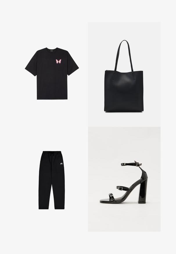 Black cotton t-shirt with short sleeves, featuring a small pink butterfly graphic on the left chest. Crew neck design with a relaxed fit.; Black sweatpants made of soft fabric with an elastic waistband, drawstring, and side pockets. Features a small white logo on the thigh.; Black patent heeled sandals with a square toe, ankle straps, and silver buckles. Features a chunky block heel for stability.; Black leather tote bag with smooth texture, rectangular shape, and two long handles. No visible hardware or embellishments.