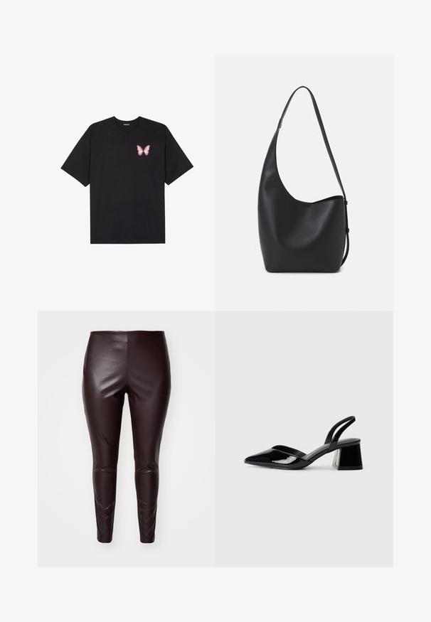 Black cotton t-shirt with short sleeves, featuring a small pink butterfly graphic on the left chest. Crew neck design with a relaxed fit.; Brown faux leather leggings with a smooth texture, fitted design, and knee detailing, featuring a high waistband and tapered leg openings.; Black patent leather slingback heels with a pointed toe and a geometric block heel. Features a sleek, minimal design and smooth texture.; Black leather hobo bag with a smooth texture, curved shape, and single adjustable strap; features a wide opening at the top.