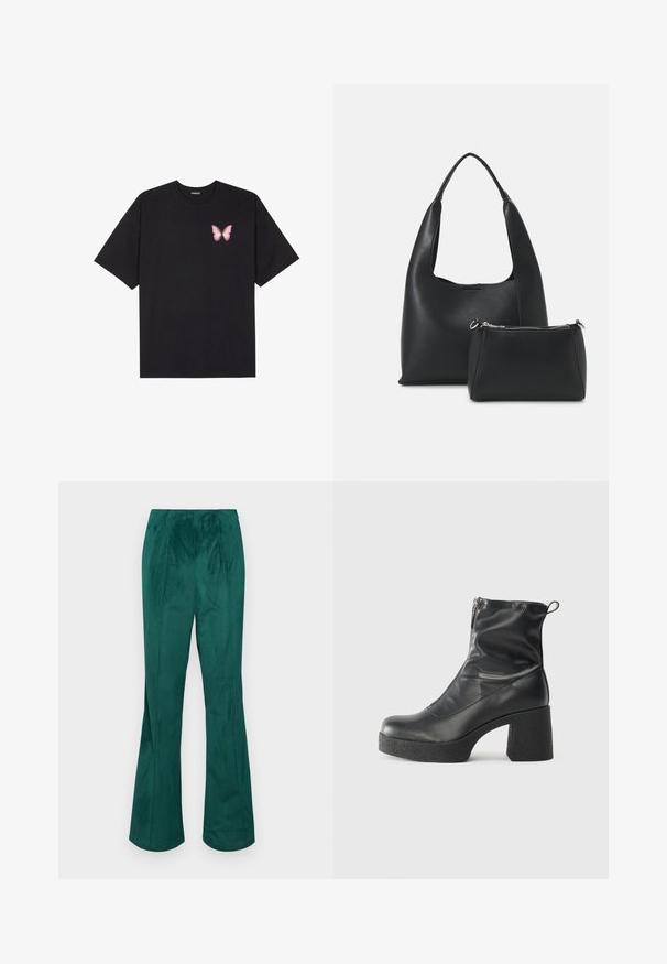 Černé bavlněné tričko s krátkým rukávem, na levém prsou s malou grafikou růžové motýlky. Design s kruhovým výstřihem a volným střihem.; Zelené kordové rozšířené kalhoty s elastickým pasem a vertikálním ribbovaným textem. Mají rovný střih od pasu po lem.; Černé kotníkové boty vyrobené z hladké kůže, s bočním zipem, robustním strukturovaným podpatkem a kulatou špičkou.; Even&Odd Kabelka - black