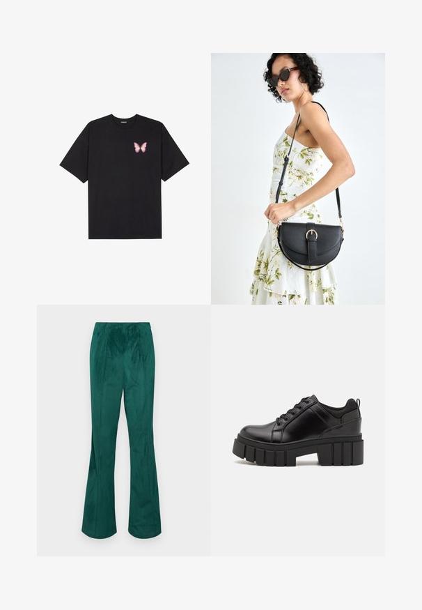 Fekete pamut póló rövid ujjakkal, bal mellkason egy kis rózsaszín pillangó grafikával. Kerek nyakú kialakítás, laza fazonnal.; Zöld kordbársony bővülő nadrág rugalmas derékkal és függőleges bordázott textúrával. Egyenes fazonú a derektól a szegélyig.; Fekete bőr platform cipők vaskos blokk sarkakkal, kerek orral és hagyományos fűzős kialakítással. Simára csiszolt felület és minimális részletezés jellemzi.; Fekete bőrtáska ívelt formával, levehető pánttal és arany színű fémrészekkel. A táskán egy csattal díszített fedél található.