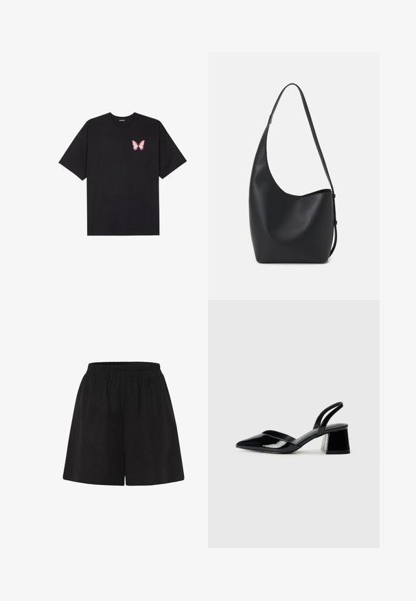 Černé bavlněné tričko s krátkým rukávem, na levém prsou s malou grafikou růžové motýlky. Design s kruhovým výstřihem a volným střihem.; Černé bavlněné šortky s elastickým pasem, volného střihu a rovného kroje. Hladká textura, bez dalších vzorů nebo akcentů.; Černé lakované kožené lodičky na pásku s špičatou špičkou a geometrickým blokovým podpatkem. Vyznačují se elegantním, minimalistickým designem a hladkým povrchem.; Černá kožená hobo taška s hladkým povrchem, zakřiveným tvarem a jedním nastavitelným popruhem; má široké otevírání nahoře.