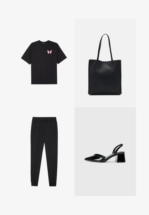 Black cotton t-shirt with short sleeves, featuring a small pink butterfly graphic on the left chest. Crew neck design with a relaxed fit.; Black sweatpants made of soft fabric, featuring an elastic waistband with a drawstring, tapered legs, and ribbed cuffs at the ankles.; Black patent leather slingback heels with a pointed toe and a geometric block heel. Features a sleek, minimal design and smooth texture.; Black leather tote bag with smooth texture, rectangular shape, and two long handles. No visible hardware or embellishments.