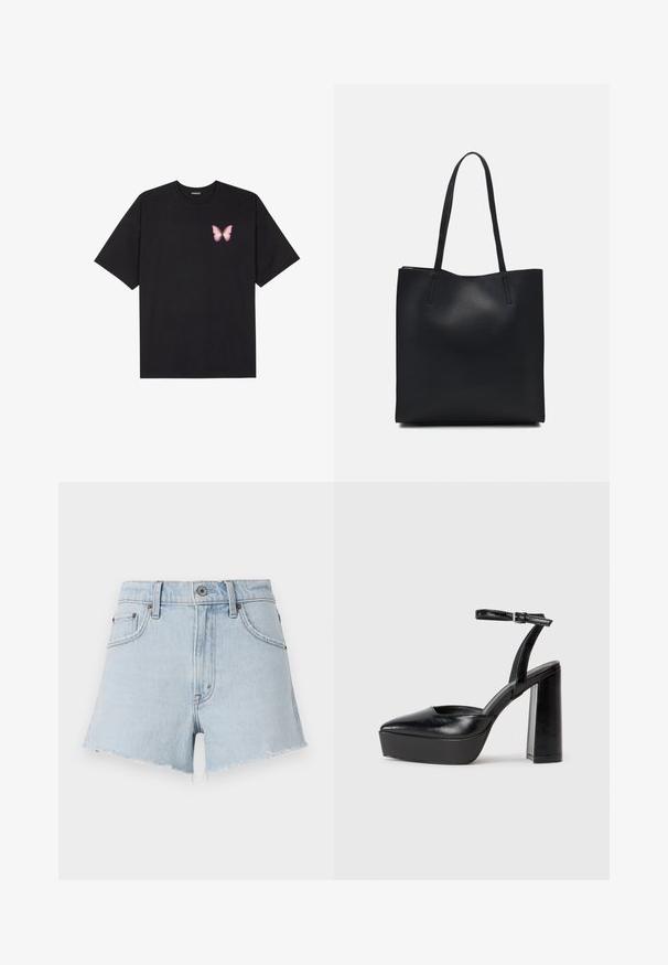 T-shirt en coton noir à manches courtes, avec un petit graphique de papillon rose sur la poitrine gauche. Modèle à col rond avec une coupe décontractée.; Shorts en denim bleu clair avec une taille haute, un ourlet effiloché et cinq poches. Présente un bouton en métal et des coutures contrastées.; Escarpins noirs à plateforme avec un bout pointu et une sangle réglable à la cheville. Conçus en cuir lisse, avec un large talon bloc.; Sac fourre-tout en cuir noir avec une texture lisse, de forme rectangulaire et deux longues poignées. Pas de matériel ou d'ornementations visibles.