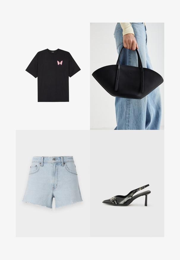 Fekete pamut póló rövid ujjakkal, bal mellkason egy kis rózsaszín pillangó grafikával. Kerek nyakú kialakítás, laza fazonnal.; Világoskék farmer rövidnadrág magas derékkal, szakadt szegéllyel és öt zsebbel. Fém gombbal és kontrasztos varrással rendelkezik.; Fekete lakk bőr, hegyes orrú slingback cipő, boka pántokkal, ezüst csatokkal és hardverelemekkel, valamint karcsú sarkú.; Fekete bőr kézitáska egyedi legyezőformával, lapos füllel. A felülete kőriszerű textúrájú és minimalista dizájnnal rendelkezik.