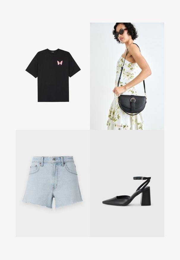 Čierne bavlnené tričko s krátkymi rukávmi, s malým ružovým motýlikom na ľavej hrudi. Design s okrúhlym výstrihom a uvoľneným strihom.; Svetlomodré denim šortky s vysokým pásom, rozstrapkaným okrajom a piatimi vreckami. Obsahujú kovový gombík a kontrastné šitie.; Čierne kožené lodičky s špicatou špičkou a členkovým remienkom, s masívnym podpätkom. Hladký povrch, elegantný dizajn a minimalistická estetika.; Čierna kožená kabelka s zaobleným tvarom, odnímateľným popruhom a zlatými doplnkami. Kabelka má klopu s detailom s prackou.