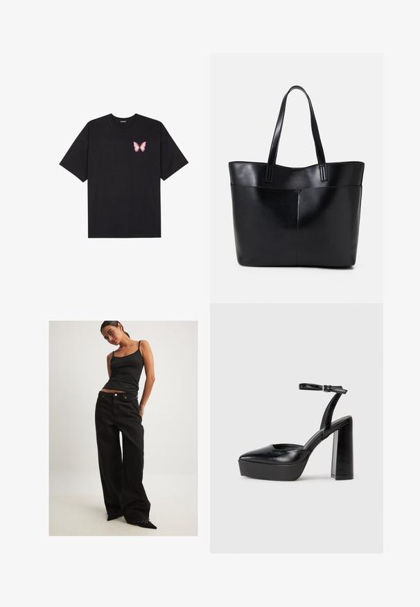 Black cotton t-shirt with short sleeves, featuring a small pink butterfly graphic on the left chest. Crew neck design with a relaxed fit.; Black wide-leg jeans made of denim, featuring a high waist, front pockets, and silver hardware. Paired with a fitted black tank top.; Black platform heels with a pointed toe and adjustable ankle strap. Constructed from smooth leather, featuring a chunky block heel.; Black leather tote bag with two long handles, a smooth texture, and a structured shape. Features a front pocket for additional storage.