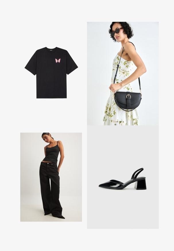 Must muströöpidega must puuvillane T-särk, vasakul rinnal on väike roosa liblikas. Ümar kaelus ja vabalt istuv lõige.; Mustad laiad mustad teksapüksid, mis on valmistatud denimist, millel on kõrge vöökoht, ees taskud ja hõbedased detailid. Sobitatud liibuvate mustade T-särkidega.; Mustad musta lakknahk kingad, millel on terav varvas ja geomeetriline plokkkonts. Omab elegantselt minimalistlikku disaini ja sujuvat tekstuuri.; Mustmust mustraha kõverate joontega, eemaldatava rihmaga ja kuldsete detailidega. Kotil on klapp, millel on pandladetail.