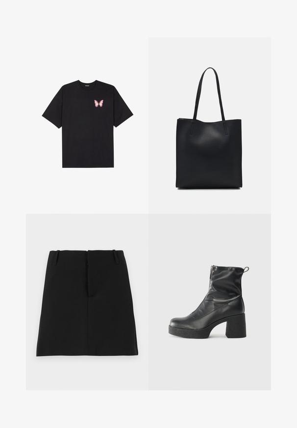 T-shirt en coton noir à manches courtes, avec un petit graphique de papillon rose sur la poitrine gauche. Modèle à col rond avec une coupe décontractée.; Mini-jupe noire au design ajusté, équipée de deux poches avant et d'un ourlet droit. Fabriquée en tissu lisse sans motifs visibles.; Bottes noires à la cheville en cuir lisse, dotées d'une fermeture éclair sur le côté, d'un talon épais texturé et d'une conception à bout rond.; Sac fourre-tout en cuir noir avec une texture lisse, de forme rectangulaire et deux longues poignées. Pas de matériel ou d'ornementations visibles.