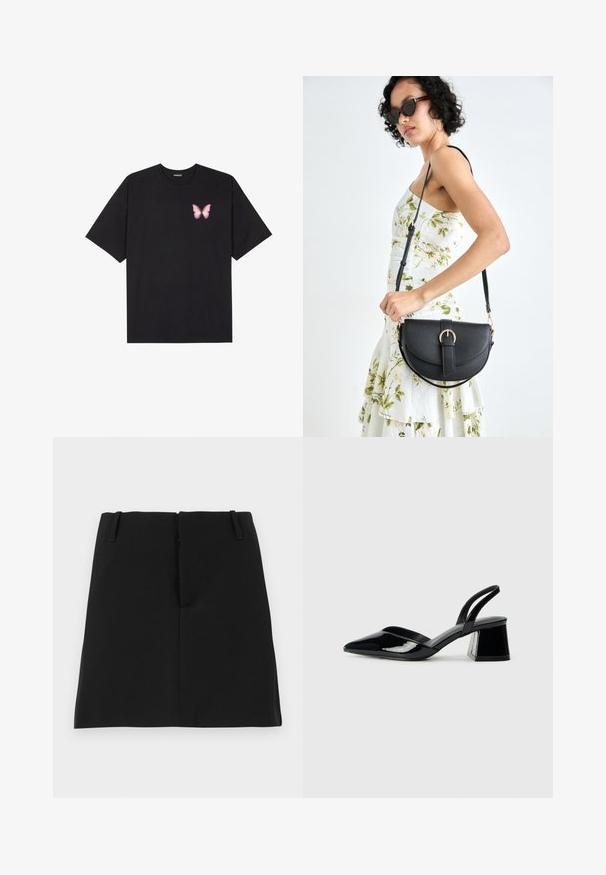 Schwarzes Baumwoll-T-Shirt mit kurzen Ärmeln, das ein kleines pinkes Schmetterlingsmotiv auf der linken Brust zeigt. Crewneck-Design mit einem entspannten Schnitt.; Schwarzer Minirock mit taillierter Passform, ausgestattet mit zwei Fronttaschen und einem geraden Saum. Hergestellt aus glattem Stoff ohne sichtbare Muster.; Schwarze Lackleder-Slingback-High Heels mit spitzem Schuh und einem geometrischen Blockabsatz. Verfügt über ein schlankes, minimalistisches Design und eine glatte Textur.; Schwarze Lederhandtasche mit geschwungener Form, abnehmbarem Tragegurt und goldenen Beschlägen. Die Tasche verfügt über einen Deckel mit einer Schnallen-Details.