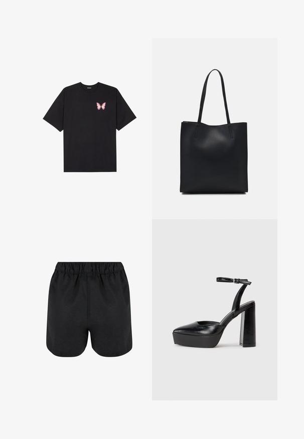 Fekete pamut póló rövid ujjakkal, bal mellkason egy kis rózsaszín pillangó grafikával. Kerek nyakú kialakítás, laza fazonnal.; Fekete rövidnadrág, rugalmas derékkal. Puha anyag, egyszerű dizájn, és enyhén lekerekített szegéllyel az alján. Nincsenek látható minták vagy logók.; Fekete platform magassarkú cipők hegyes orral és állítható bokapánttal. Sima bőrből készült, vastag talppal.; Fekete bőrtáska sima felszínnel, téglalap alakú, két hosszú füllel. Nincs látható fémkiegészítő vagy díszítés.