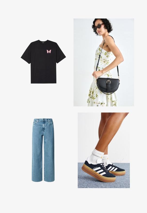 Melna kokvilnas T-krekls ar īsām piedurknēm, kuram priekšā kreisajā pusē ir neliels rozā tauriņa grafiskais attēls. Ar apaļu kaklu un brīvā stila piegriezumu.; Zilas denim platās kājas bikses ar augstu jostasvietu, aprīkotas ar jostas cilpām, rāvējslēdzēja aizdari un saplaisājušiem maliem. Audumam ir mīksta, gluda tekstūra.; Melnas zamšādas sporta kurpes ar baltām svītrām un akcentiem, apaļa purngala daļa, gumijas zole, kopā ar baltām ribotām sporta zeķēm.; Melnas ādas rokassoma ar izliekta formu, noņemamu siksnu un zelta aksesuāriem. Somai ir vāciņš ar sprādzes detaļu.