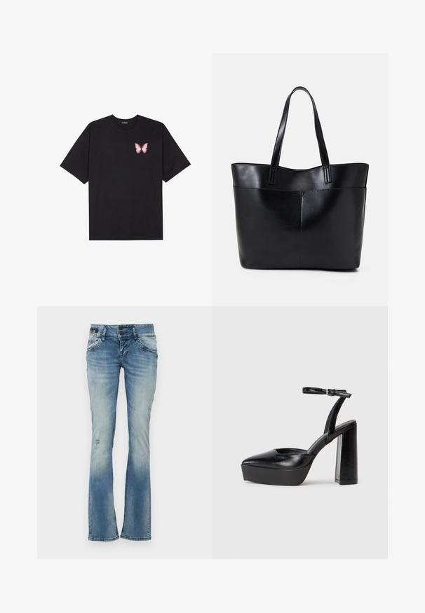 Camiseta de algodón negra de manga corta, con un pequeño gráfico de mariposa rosa en el lado izquierdo del pecho. Diseño de cuello redondo con un corte relajado.; Jeans acampanados de color azul fabricados en denim con un acabado deslavado, que presentan desgaste, detalles desgastados y dos bolsillos frontales con acentos de costura.; Zapatos de tacón negro con punta afilada y correa ajustable en el tobillo. Confeccionados en cuero suave, presentan un tacón grueso.; Bolso tote de cuero negro con dos asas largas, textura suave y forma estructurada. Cuenta con un bolsillo frontal para almacenamiento adicional.