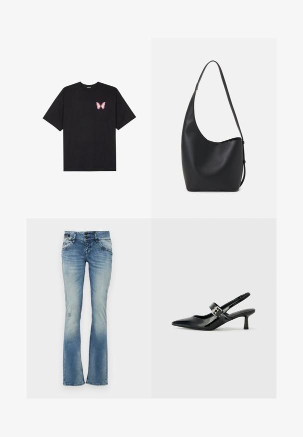 Črna bombažna majica s kratkimi rokavi, ki ima majhen roza metuljček na levi strani prsnega dela. Majica s krožnim ovratnikom in sproščenim krojem.; Svetlo modri zvonasti jeans iz denima z zbledelim pranjem, ki vključujejo whiskering, obrabljene podrobnosti in dva sprednja žepa z našitimi detajli.; Črne patent usnjene slingback pete s koničastim nosom in majhnim blok peto, ki vključujejo srebrno zaponko na traku.; Črna usnjena hobo torba z gladko teksturo, ukrivljeno obliko in eno nastavljivo naramnico; ima širok odprtina na vrhu.