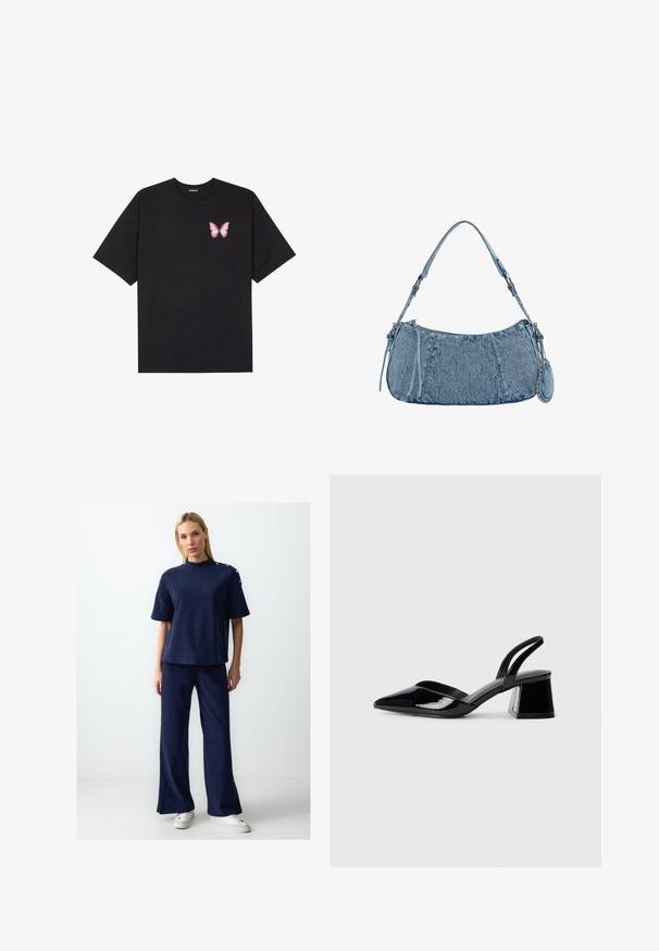Schwarzes Baumwoll-T-Shirt mit kurzen Ärmeln, das ein kleines pinkes Schmetterlingsmotiv auf der linken Brust zeigt. Crewneck-Design mit einem entspannten Schnitt.; Marineblaues strukturiertes Kurzarmoberteil und weit geschnittene Hose Set. Mit Knopfdetails an der Schulter. Kombiniert mit weißen Plateauschuhen.; Schwarze Lackleder-Slingback-High Heels mit spitzem Schuh und einem geometrischen Blockabsatz. Verfügt über ein schlankes, minimalistisches Design und eine glatte Textur.; Denim-Handtasche mit geschwungener Form, hellblauer Farbe, verstellbarem Schultergurt und einem kleinen abnehmbaren Täschchen mit metallischen Akzenten.