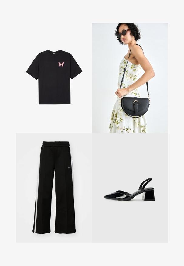 Black cotton t-shirt with short sleeves, featuring a small pink butterfly graphic on the left chest. Crew neck design with a relaxed fit.; Black wide-leg pants with an elastic waistband, vertical white stripes, side zip pockets, and a small logo on the thigh.; Black patent leather slingback heels with a pointed toe and a geometric block heel. Features a sleek, minimal design and smooth texture.; Black leather handbag with a curved shape, detachable strap, and gold hardware. The bag features a flap with a buckle detail.