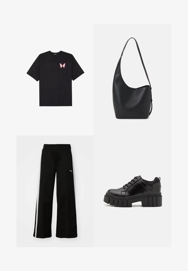 Black cotton t-shirt with short sleeves, featuring a small pink butterfly graphic on the left chest. Crew neck design with a relaxed fit.; Black wide-leg pants with an elastic waistband, vertical white stripes, side zip pockets, and a small logo on the thigh.; Black leather platform shoes with a chunky block heel, round toe, and traditional lace-up design. Features smooth texture and minimal detailing.; Black leather hobo bag with a smooth texture, curved shape, and single adjustable strap; features a wide opening at the top.