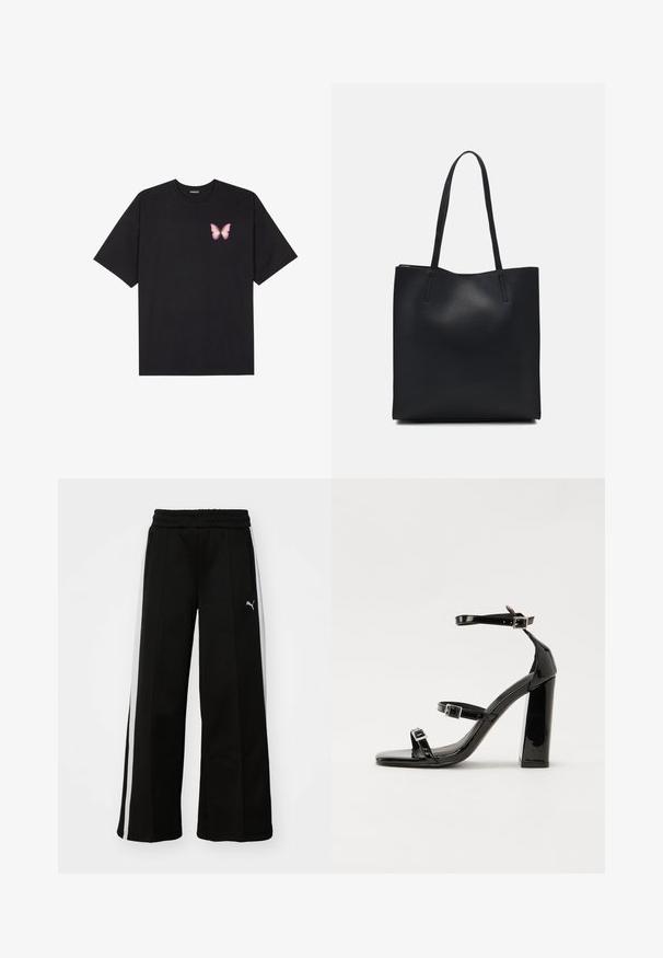 Black cotton t-shirt with short sleeves, featuring a small pink butterfly graphic on the left chest. Crew neck design with a relaxed fit.; Black wide-leg pants with an elastic waistband, vertical white stripes, side zip pockets, and a small logo on the thigh.; Black patent heeled sandals with a square toe, ankle straps, and silver buckles. Features a chunky block heel for stability.; Black leather tote bag with smooth texture, rectangular shape, and two long handles. No visible hardware or embellishments.