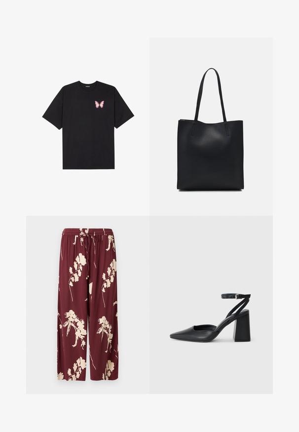 Melna kokvilnas T-krekls ar īsām piedurknēm, kuram priekšā kreisajā pusē ir neliels rozā tauriņa grafiskais attēls. Ar apaļu kaklu un brīvā stila piegriezumu.; Bordo platās kājās bikses, izgatavotas no viegla auduma, ar krēmīgu ziedu rakstu, elastīgu jostasvietu ar aukliņu un divām sānu kabatām.; Melna ādas augstpapēžu kurpe ar norakstīto purngala formu, potītes siksniņu un masīlu papēdi. Gluda tekstūra, elegants dizains un minimālisma estētika.; Melnas ādas somiņa ar gludu tekstūru, taisnstūra formu un divām garām rokturiem. Nav redzamu aparatūras vai rotājumu.