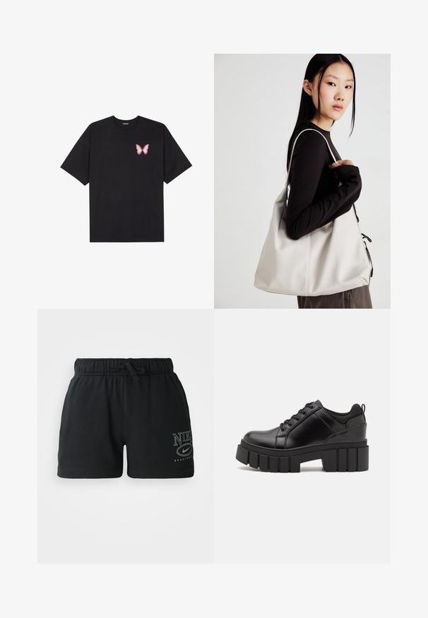T-shirt de algodão preto com mangas curtas, apresentando um pequeno gráfico de borboleta rosa no lado esquerdo do peito. Design de gola redonda com um corte solto.; Calções de algodão pretos com cintura elástica e cordão. Apresenta um logótipo da Nike impresso em cinza no lado esquerdo. Design simples e funcional.; Sapatos de plataforma em couro preto com um salto bloco robusto, bico redondo e design clássico de atacadores. Apresentam uma textura suave e detalhes mínimos.; Uma bolsa bege feita de material macio, com um design descontraído, detalhes de costura e duas alças para o ombro. Adequada para uso diário.