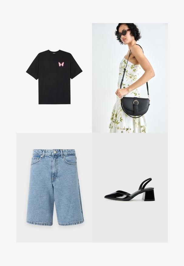 Juodas medvilnės marškinėliai trumpomis rankovėmis, su maža rožine drugelio grafika kairėje krūtinės pusėje. Apvalus kaklo iškirpimas, laisvas kirpimas.; Šviesiai mėlynos džinsinės šortai klasikinio kirpimo, su aukštu juosmeniu, priekinėmis kišenėmis ir suplėšytais kraštais.; Juodos lakuotos odinės šlepetės su smailiu pirštu ir geometriniu bloko kulnu. Turi elegantišką, minimalistinį dizainą ir lygų paviršių.; Juodas odinis krepšys su išlenkta forma, nuimamu dirželiu ir auksiniais detalėmis. Krepšys turi kilpą su sagtimi.