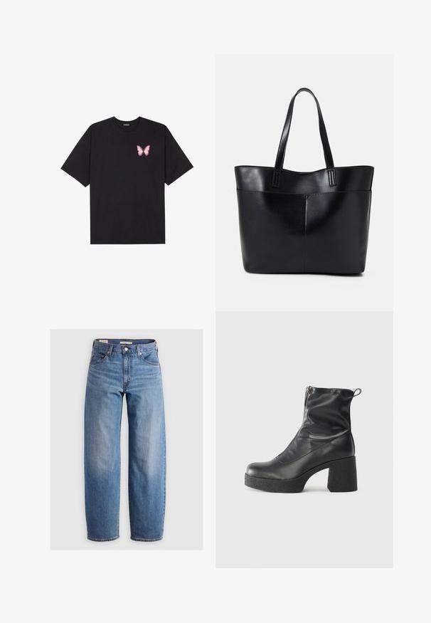 Crna pamučna majica s kratkim rukavima, s malim grafičkim prikazom ružičaste vjetricaste s desne strane na prsima. Dizajn s okruglim izrezom i opuštenim krojem.; Svijetloplave traperice ravnog kroja. Imaju klasičan dizajn s pet džepova i suptilno izbljeđivanje duž nogavica.; Crne gležnjače od glatke kože, s bočnim zatvaračem, debelim teksturiranim potplatom i dizajnom s zaobljenim prstima.; Crna kožna torba s dugim ručkama, glatkom teksturom i strukturiranim oblikom. Ima prednju džep za dodatno pohranu.