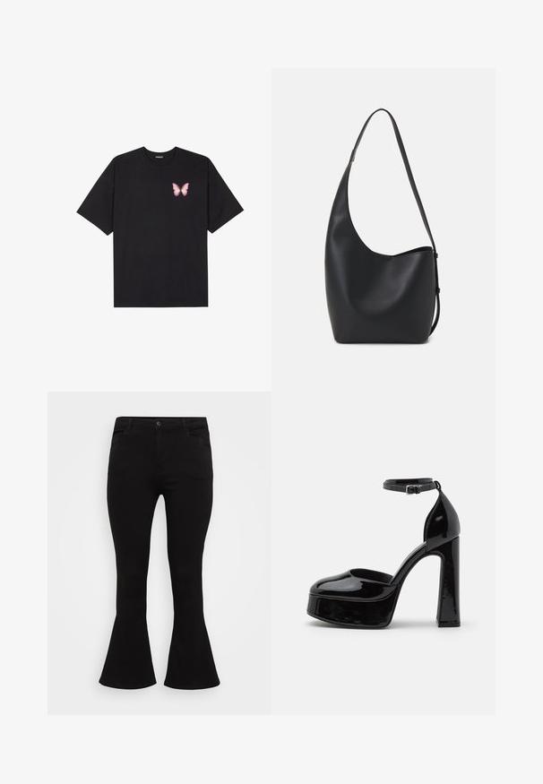 Juodas medvilnės marškinėliai trumpomis rankovėmis, su maža rožine drugelio grafika kairėje krūtinės pusėje. Apvalus kaklo iškirpimas, laisvas kirpimas.; Juodi platūs džinsai su prigludusia juosmens linija, standartiniu penkių kišenių dizainu ir lygiu džinsinio audinio tekstūru, turinčia švelnų elastingumą.; Juodos lakuotos odos platforminės kulniukų bateliai su kulkšnies diržu, apvali noselė ir blokinis kulnas, išryškinantys glotnų, blizgų paviršių.; Juodas odinis hobo maišas su lygiu paviršiumi, kreipta forma ir viena reguliuojama rankena; turi platų atidarymą viršuje.