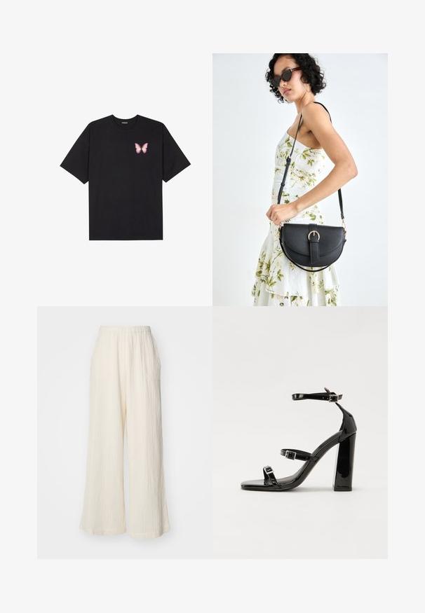 T-shirt nera in cotone con maniche corte, caratterizzata da una piccola grafica di una farfalla rosa sul lato sinistro del petto. Design a girocollo con una vestibilità rilassata.; Pantaloni larghi crema realizzati in tessuto strutturato, con vita elasticizzata e due tasche laterali, caratterizzati da un motivo a righe verticali.; Sandali con tacco in vernice nera, con punta squadrata, cinturini alla caviglia e fibbie in argento. Presentano un tacco a blocco spesso per maggiore stabilità.; Borsa a tracolla nera in pelle con una forma curva, manico rimovibile e accessori dorati. La borsa presenta una patta con un dettaglio a fibbia.