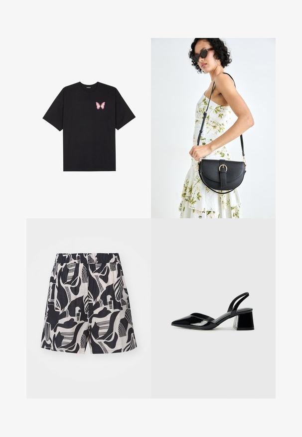 Svart bomulls T-skjorte med korte ermer, med en liten rosa sommerfugl grafikk på venstre bryst. Crew-neck design med en avslappet passform.; Mønstret shorts i sort og creme med abstrakte design, elastisk talje og løs pasform, lavet af letvægtsstof.; Svarte patentlær slingback hæler med spiss tå og geometrisk blokk hæl. Har et stilrent, minimalistisk design og jevn tekstur.; Svart lærveske med en buet form, avtagbar stropp og gullbeslag. Vesken har et klaff med spenne-detall.