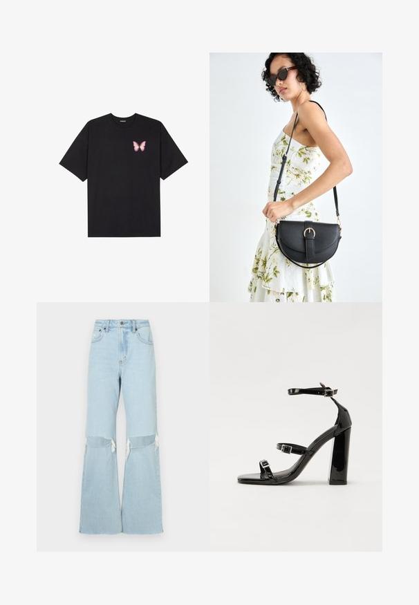 Tricou negru din bumbac cu mâneci scurte, având pe partea stângă a pieptului un mic grafic cu un fluture roz. Design cu guler rotund și croială lejeră.; Jeans din denim light blue cu picioare largi, cu decupaje la genunchi, margini desfăcute și talie înaltă. Include închidere frontală cu buton și fermoar, design clasic cu cinci buzunare.; Sandale cu toc din patent negru, cu vârf pătrat, curele la gleznă și catarame din argint. Dispune de un toc gros pentru stabilitate.; Geantă din piele neagră, cu o formă curbată, curea detașabilă și accesorii aurii. Geanta are un capac cu un detaliu tip cataramă.