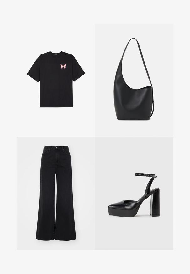 Black cotton t-shirt with short sleeves, featuring a small pink butterfly graphic on the left chest. Crew neck design with a relaxed fit.; High-waisted black wide-leg jeans with front and back pockets, belt loops, and button closure.; Black platform heels with a pointed toe and adjustable ankle strap. Constructed from smooth leather, featuring a chunky block heel.; Black leather hobo bag with a smooth texture, curved shape, and single adjustable strap; features a wide opening at the top.