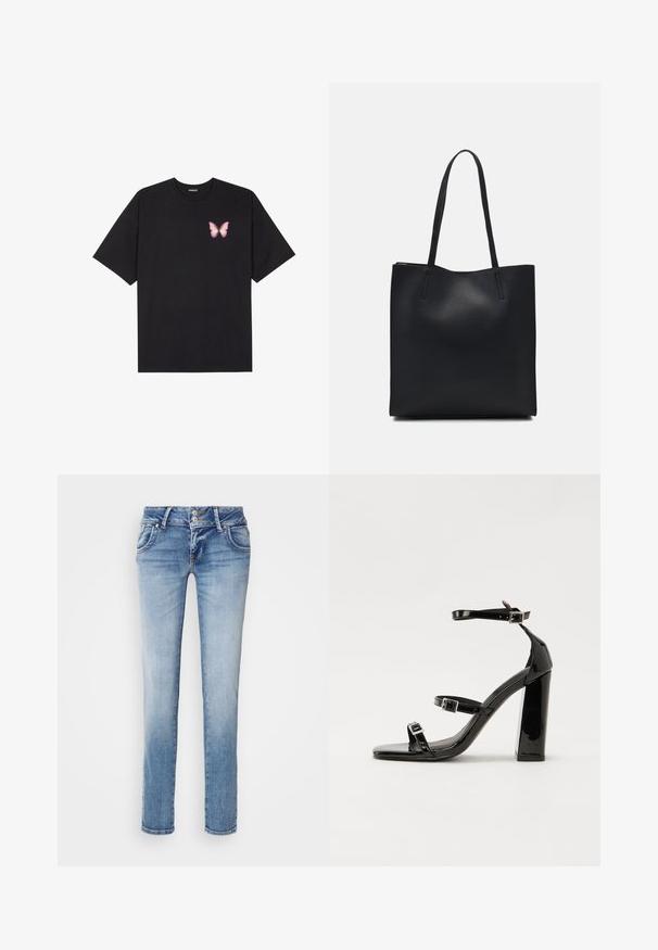 T-shirt de algodão preto com mangas curtas, apresentando um pequeno gráfico de borboleta rosa no lado esquerdo do peito. Design de gola redonda com um corte solto.; Jeans de denim azul claro com um design de perna reta, cinco bolsos, fecho de dois botões e desbotamento sutil, apresentando detalhes de costura em contraste.; Sandálias de tacão preto laqueadas com bico quadrado, tiras para o tornozelo e fivelas prateadas. Apresentam um salto bloco chunky para estabilidade.; Bolsa tote preta em couro com textura lisa, forma retangular e duas alças longas. Sem hardware ou enfeites visíveis.