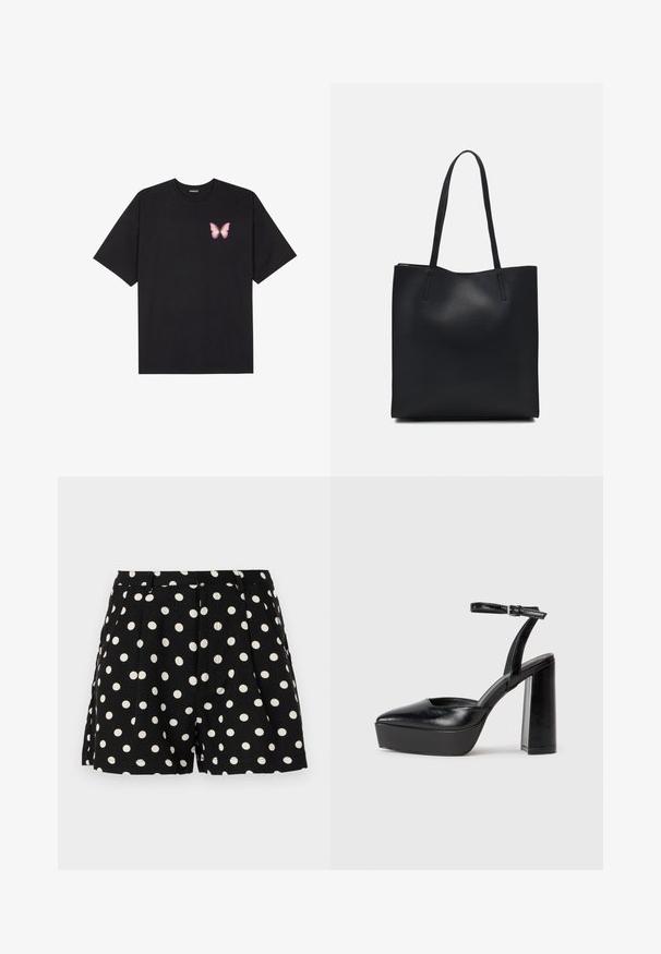T-shirt en coton noir à manches courtes, avec un petit graphique de papillon rose sur la poitrine gauche. Modèle à col rond avec une coupe décontractée.; Shorts noirs à pois blancs, avec des plis à l'avant et des poches latérales. Fabriqués en tissu léger.; Escarpins noirs à plateforme avec un bout pointu et une sangle réglable à la cheville. Conçus en cuir lisse, avec un large talon bloc.; Sac fourre-tout en cuir noir avec une texture lisse, de forme rectangulaire et deux longues poignées. Pas de matériel ou d'ornementations visibles.