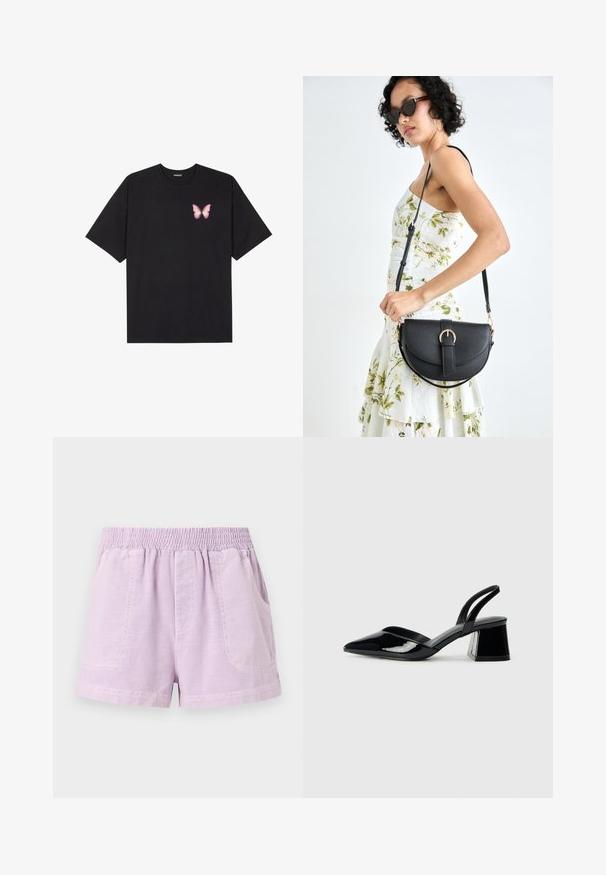 Musta puuvillapaita lyhyillä hihoilla, jossa on pieni vaaleanpunainen perhosgrafiikka vasemmassa rinnassa. Pyöreä kaula-aukko ja rento istuvuus.; Liilavivärvi lühikesed püksid, mis on valmistatud kergest kangast, elastse vöökoha ja kahe esipocket'iga, lisaks on neil lõdvema istumisega lõige.; Mustat patentoitu nahkakengät, joissa on säären takaosa ja terävä kärki, sekä geometrinen palikkakorko. Sisältää tyylikkään, minimalistisen muotoilun ja sileän pinnan.; Musta nahkainen käsilaukku, joka on kaareva muotoilultaan, irrotettavalla hihnalla ja kultaisilla yksityiskohdilla. Laukussa on läppä, jossa on solk yksityiskohta.