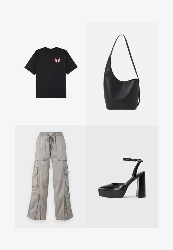 Svart bomulls T-skjorte med korte ermer, med en liten rosa sommerfugl grafikk på venstre bryst. Crew-neck design med en avslappet passform.; Lys grå cargo bukser med elastisk liv, justerbar snøring, flere sidelommer og glidelås i kanten. Laget av myk, lett stoff.; Sorte plattformhelter med spiss tå og justerbar ankelrem. Laget av glatt lær, med en robust blokkhel.; Svart lær hobo-veske med glatt tekstur, buet form og enkelt justerbart stropp; har en bred åpning på toppen.