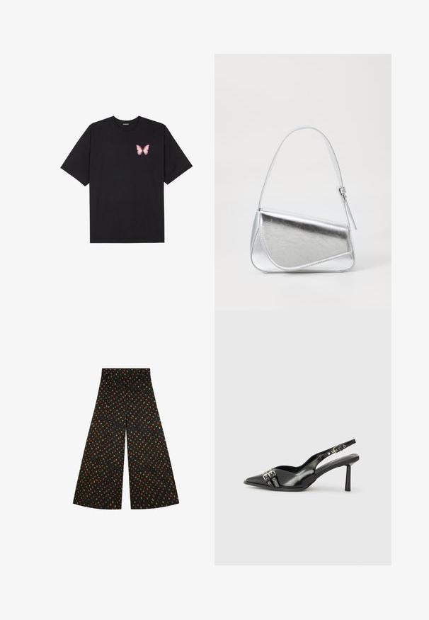 T-shirt en coton noir à manches courtes, avec un petit graphique de papillon rose sur la poitrine gauche. Modèle à col rond avec une coupe décontractée.; Pantalons à jambes larges en tissu noir avec un motif géométrique complet en formes orange, vert et jaune. Texture lisse, taille haute.; Chaussure slingback en cuir verni noir avec un embout pointu, des brides de cheville avec des boucles en argent et des éléments en métal, et un talon fin.; Sac à main en métal argenté de forme triangulaire, texture lisse et fine bandoulière réglable. Présente un design rabat avec couture.