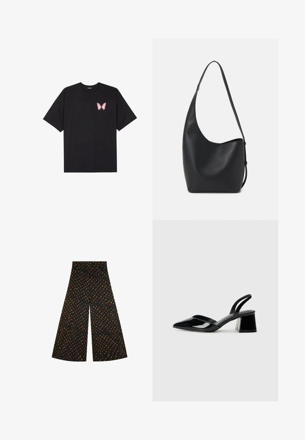 Musta puuvillapaita lyhyillä hihoilla, jossa on pieni vaaleanpunainen perhosgrafiikka vasemmassa rinnassa. Pyöreä kaula-aukko ja rento istuvuus.; Mustat, leveälahkeiset housut, joissa on kankaassa ympäriinsä geometraalinen kuvio oransseista, vihreistä ja keltaisista muodoista. Sileä pinta, korkea vyötärö.; Mustat patentoitu nahkakengät, joissa on säären takaosa ja terävä kärki, sekä geometrinen palikkakorko. Sisältää tyylikkään, minimalistisen muotoilun ja sileän pinnan.; Musta nahkainen hobo-laukku, jossa on sileä pinta, kaareva muoto ja yksi säädettävä olkahihna; sisäänkäynti on leveä ylhäältä.